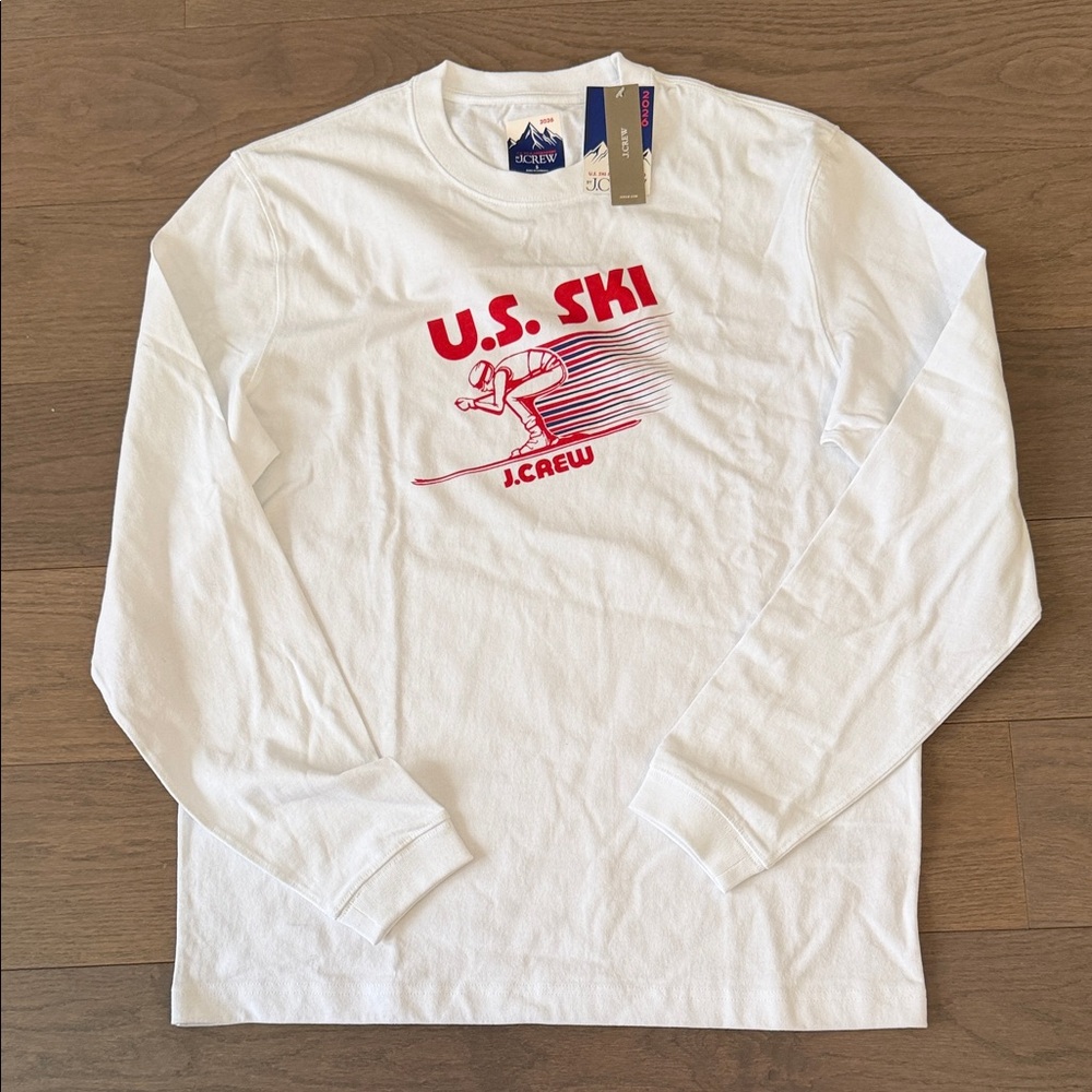 J. Crew White Long Sleeve Tee with Red U.S. Ski Graphic